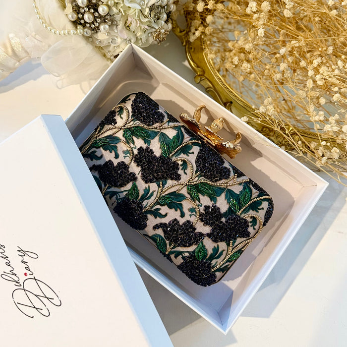 Dark Purple Floral Clutch | Hand-Embroidered Floral Evening Bag