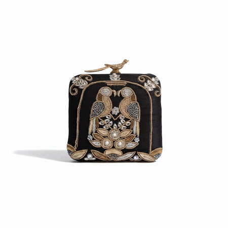 Black Embroidered Bird Motif Clutch | Evening Bag