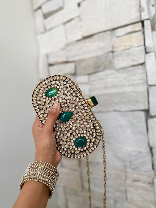 Emerald Green Kundan Clutch: Brass Bag With Green Onyx Gemstone