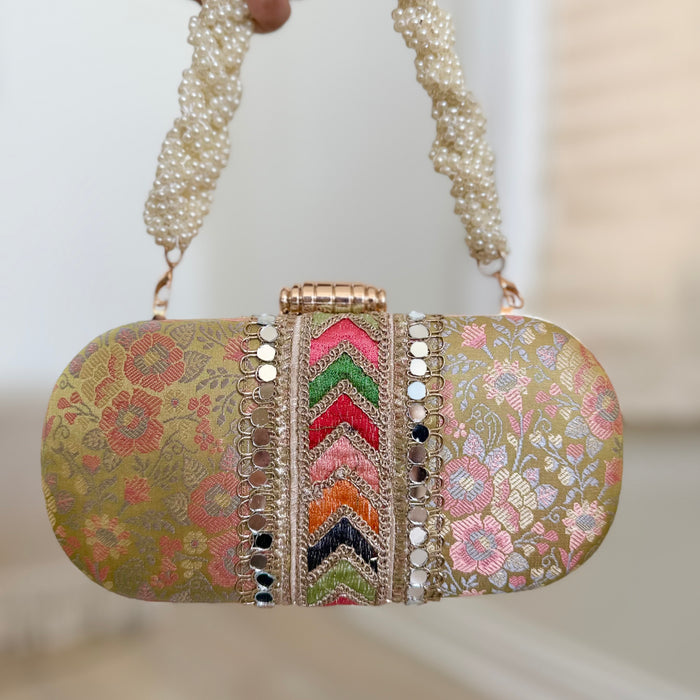 Handmade Banarasi Clutch: Banarasi Ethnic Clutch with Beaded Handle