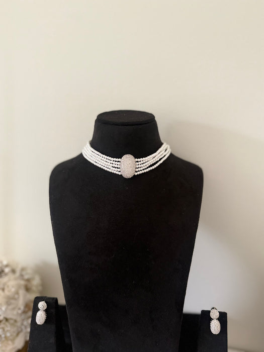 Silver Finish Indian Choker Set- Choker, 2 Sets of Earrings, Ring & Bracelet