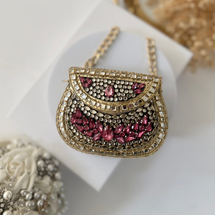 Hot Pink Kundan Mini Clutch: Metal Statement Bag