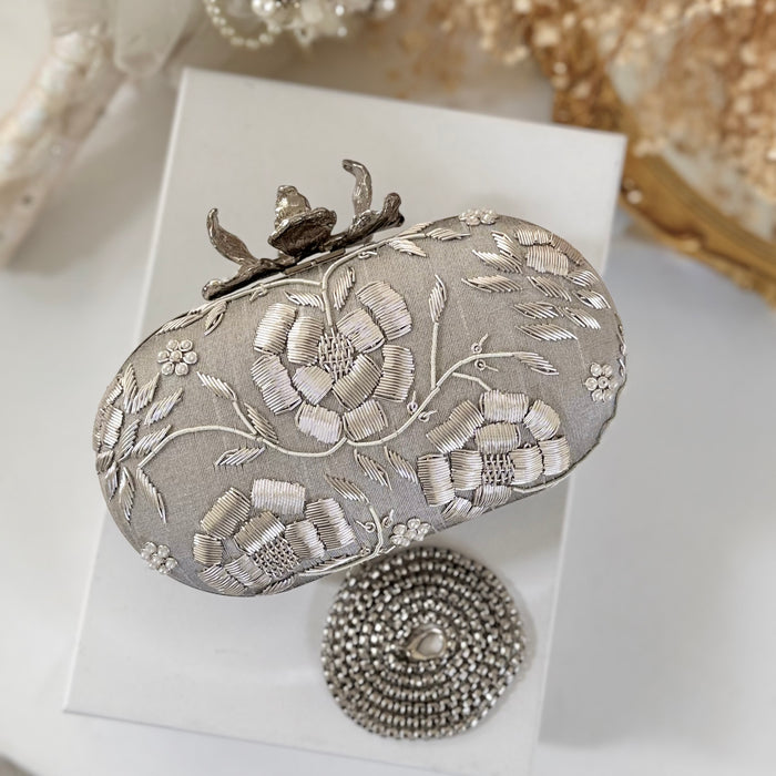 Silver Floral Zardosi Clutch: Raw Silk Bridal Evening Bag