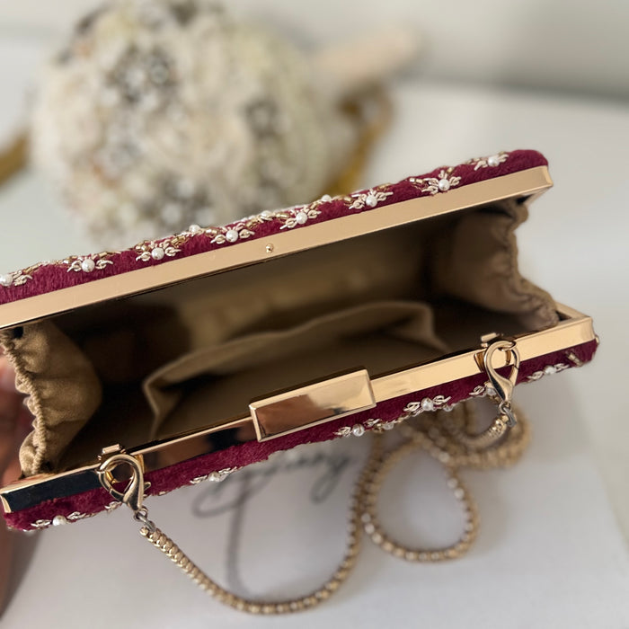 Maroon Velvet Clutch: Beaded Zardosi Indian Bridal Purse