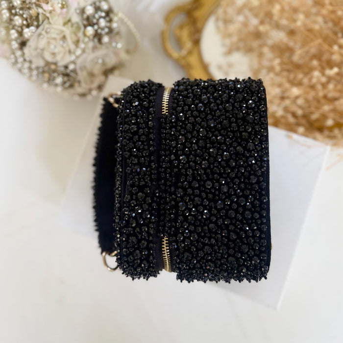 Black Crystal Vanity Case Bag | Suede Bridal Evening Bag