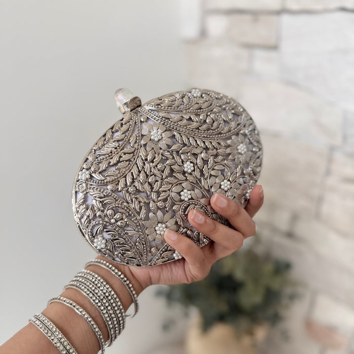 Silver Mother of Pearl Bridal Clutch | Brass Floral Evening Bag