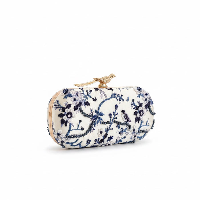Florale Zardosi Brautclutch: Marineblaue bedruckte Hochzeitsclutch mit Vogelknauf