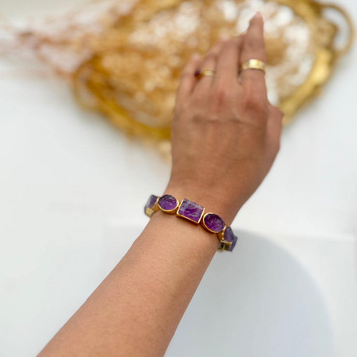Natural Amethyst Bracelet with Brass - Statement Jewelry