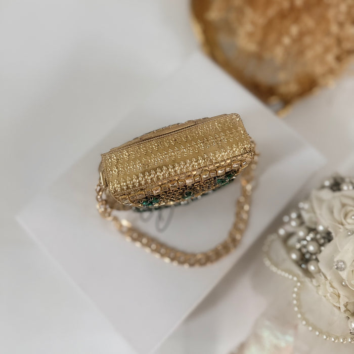 Emerald Green Kundan Clutch: Mini Metal Statement Bag
