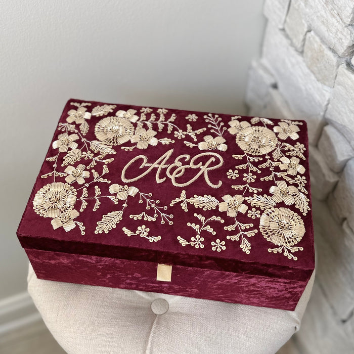 Handmade White Velvet Trousseau Box: Bridal Keepsake with Zardozi Embroidery