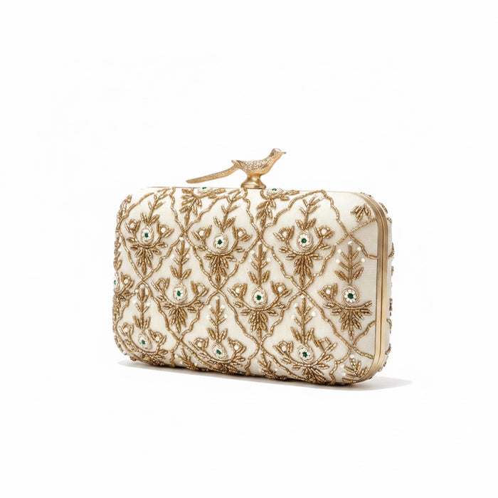Ivory Clutch | Beaded Evening Bag with Bird Knob