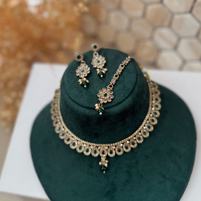 Indian Gold Plated Jewelry Set: Minimalist Bridal Necklace, Earrings and Tikka Set