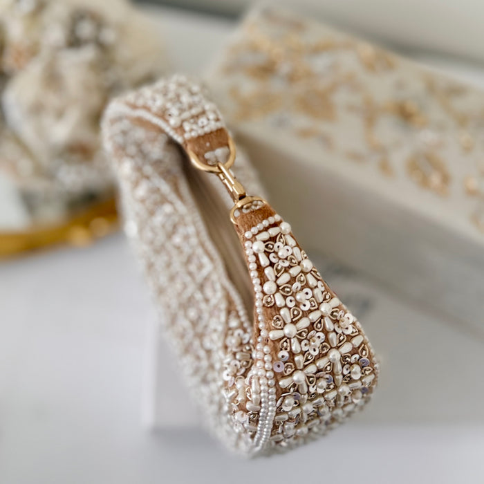 Beaded Bridal Top Handle Bag: Natural Tone Handmade Wedding Clutch