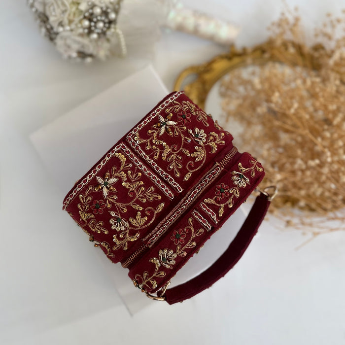 Maroon Vanity Case Bag | Hand Embroidered Suede Bridal Bag