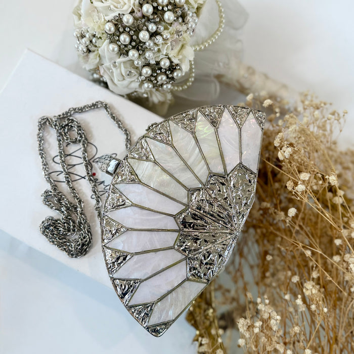 Mother of Pearl Statement Clutch: Silver Plated Fan Clutch
