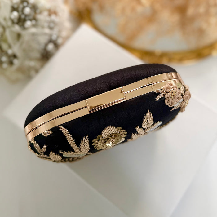 Black Floral Clutch Bag | Traditional Zardosi & Sequins Work Purse