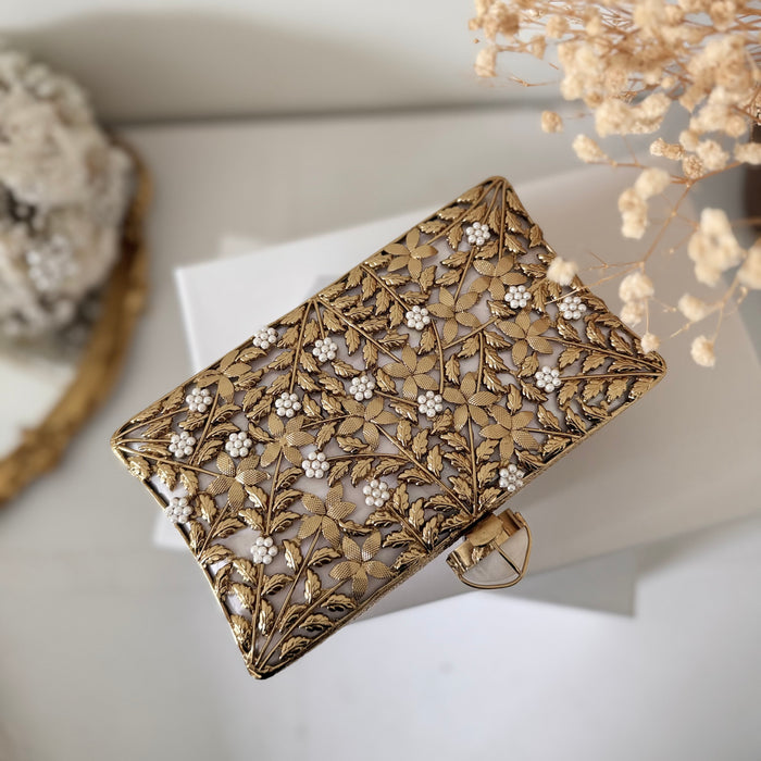 Gold Motif Bridal Clutch: Mother of Pearl & Brass Evening Bag