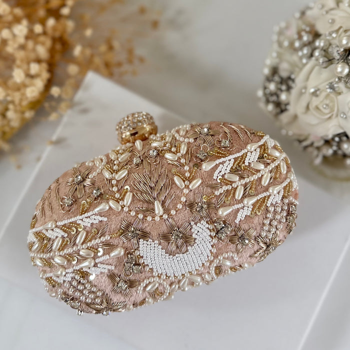Light Peachy Pink Bridal Clutch | Hand- Embroidered Evening Bag with Beads & Gold Dabka