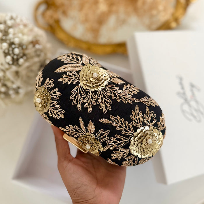 Black Evening Clutch Bag | Traditional Zardosi & Sequins Work Purse
