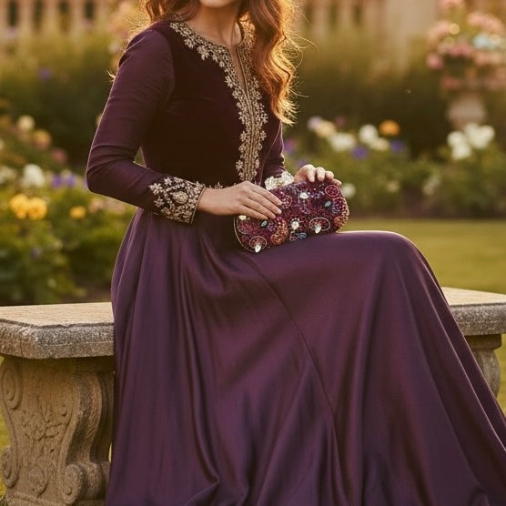 Purple Paisley Jewel Clutch | Hand-embroidered Clutch with Bow Clasp