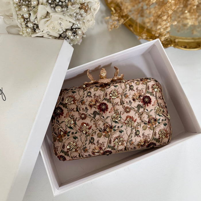 Hand-Embroidered Clutch Bag | Champagne Floral Purse