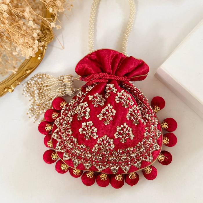 Red Velvet Bridal Potli Bag: Embroidered Indian Wedding Bag