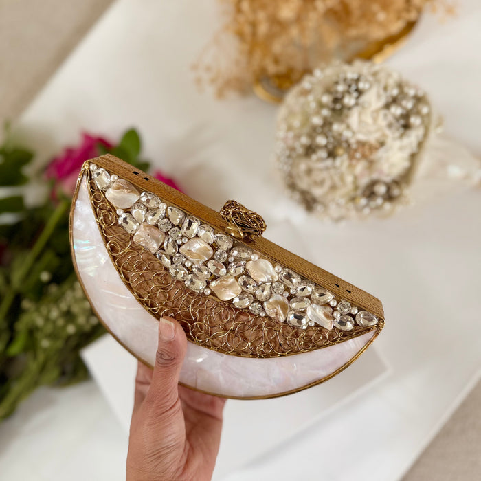 Moon Inspired Clutch-  Mother of Pearl Brass Clutch
