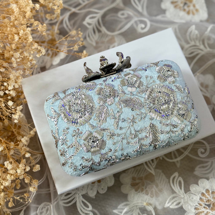 Powder Blue Zardozi Clutch: Handmade Velvet Indian Bridal Clutch