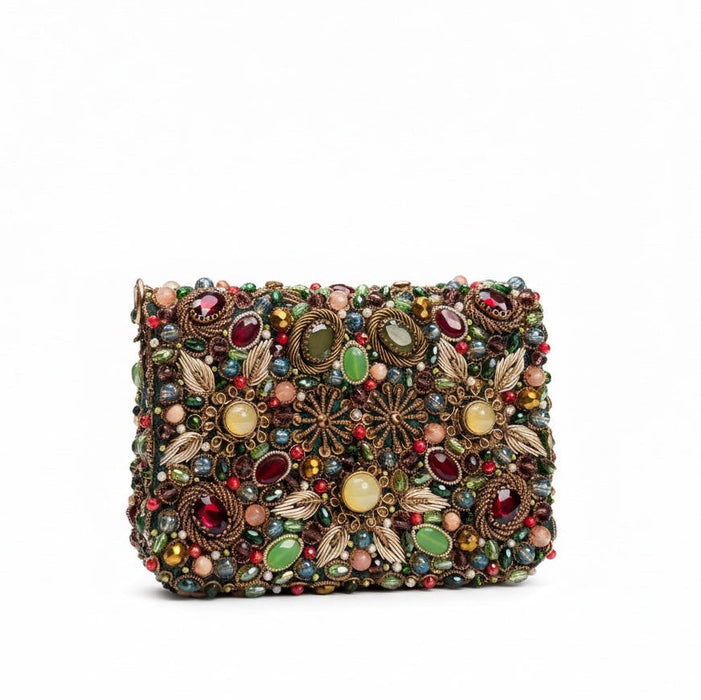 Royal Kundan Gemstone Clutch: Multicolor Hand-Embroidered Mini Clutch