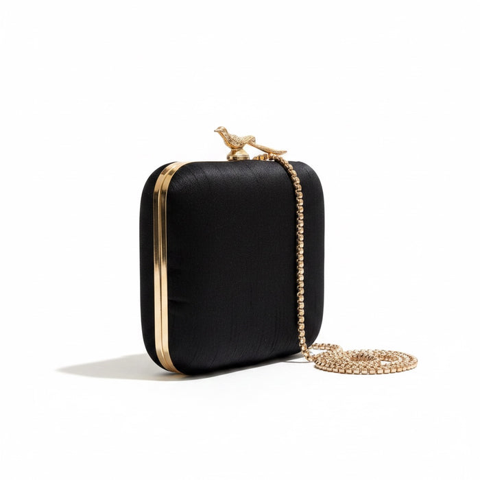 Black Embroidered Bird Motif Clutch | Evening Bag