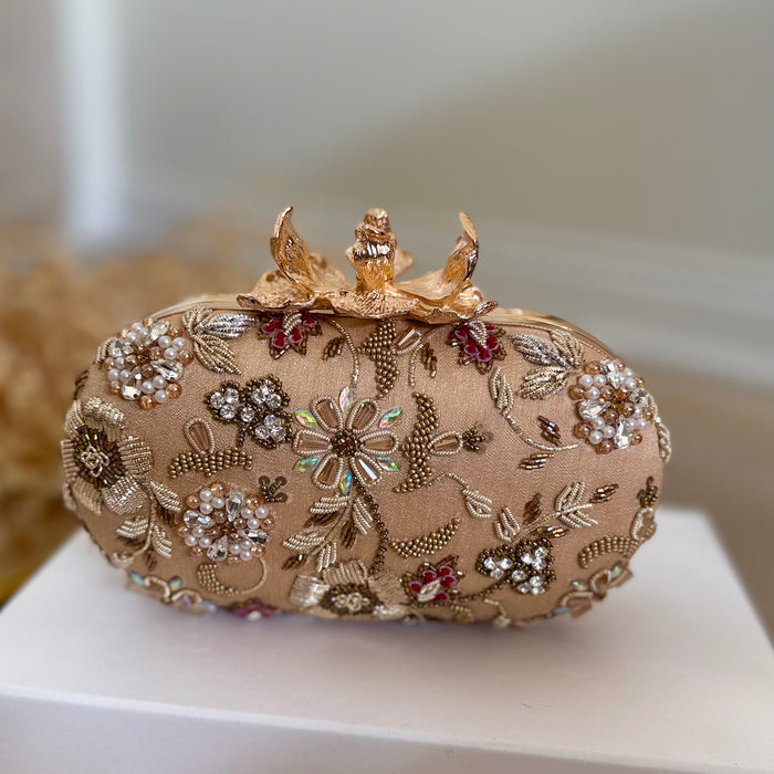 Antique Gold Bridal Clutch: Hand Embroidered Floral Evening Bag