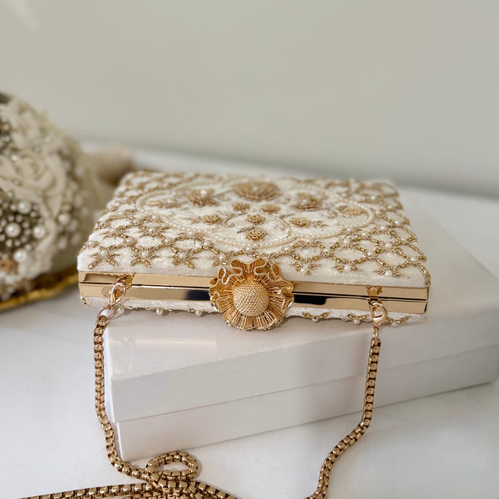 Beaded Ivory Velvet Bridal Clutch: Zardosi Wedding Purse