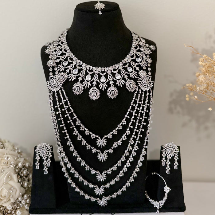 Silver Ad Bridal Necklace Set- Layered Necklaces with Earrings, Tikka and Naath