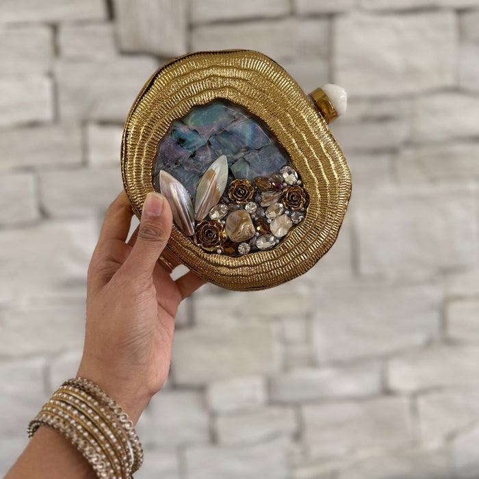 Floral Mother of Pearl Clutch in Blue with Brass Frame