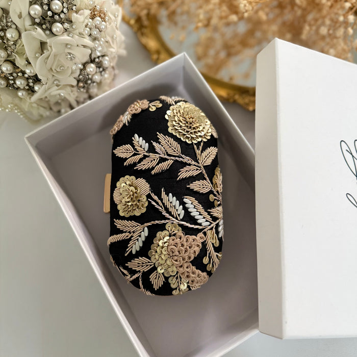 Black Floral Clutch Bag | Traditional Zardosi & Sequins Work Purse