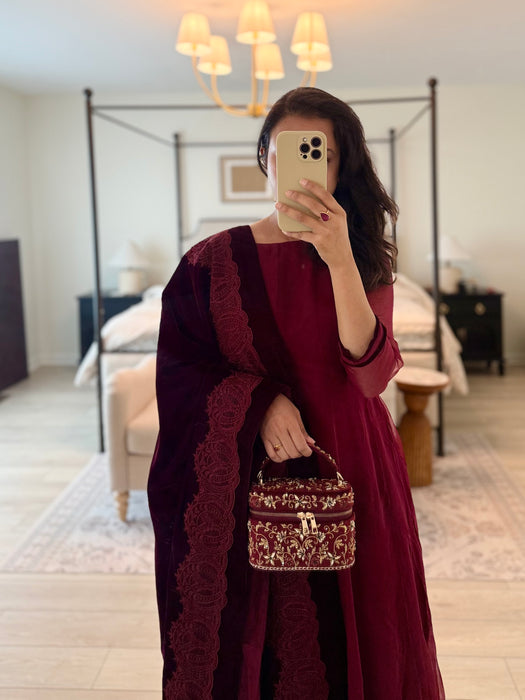 Maroon Vanity Case Bag | Hand Embroidered Suede Bridal Bag