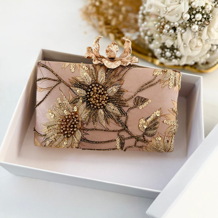 Champagne Sunflower Clutch | Floral Evening Bag