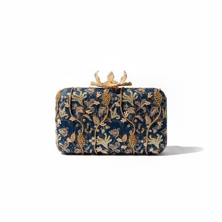 Navy Blue Zardosi Clutch: Hand-Embroidered Evening Bag