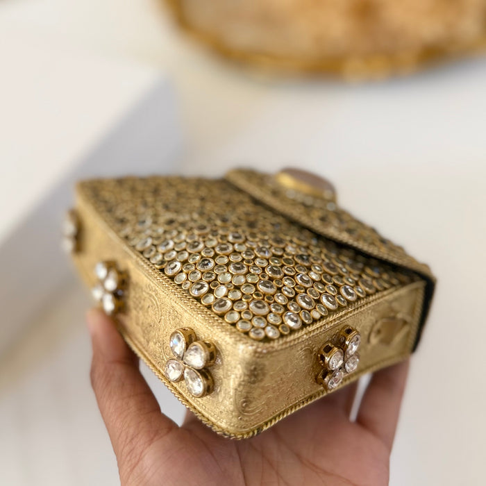 Natural Rose Quartz Gemstone Mini Clutch | Kundan Detailing on Brass Frame