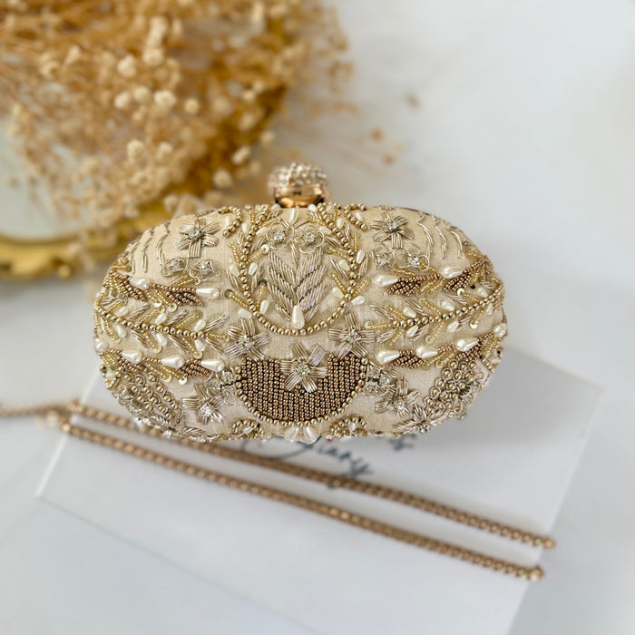 Handmade Gold Bridal Clutch | Evening Bag with Beads & Gold Dabka