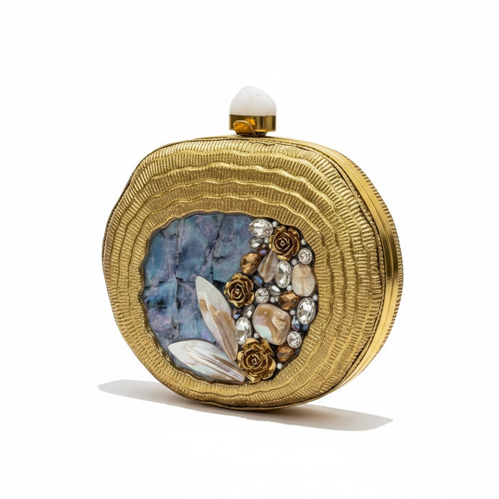 Floral Mother of Pearl Clutch in Blue with Brass Frame
