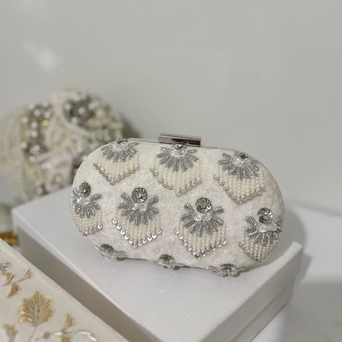 White Beaded Velvet Clutch: Bridal Purse with Crystal Embellishments