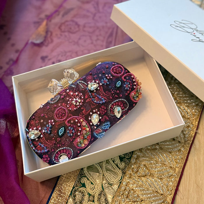 Purple Paisley Clutch | Hand-embroidered Bridal Clutch Bow Clasp