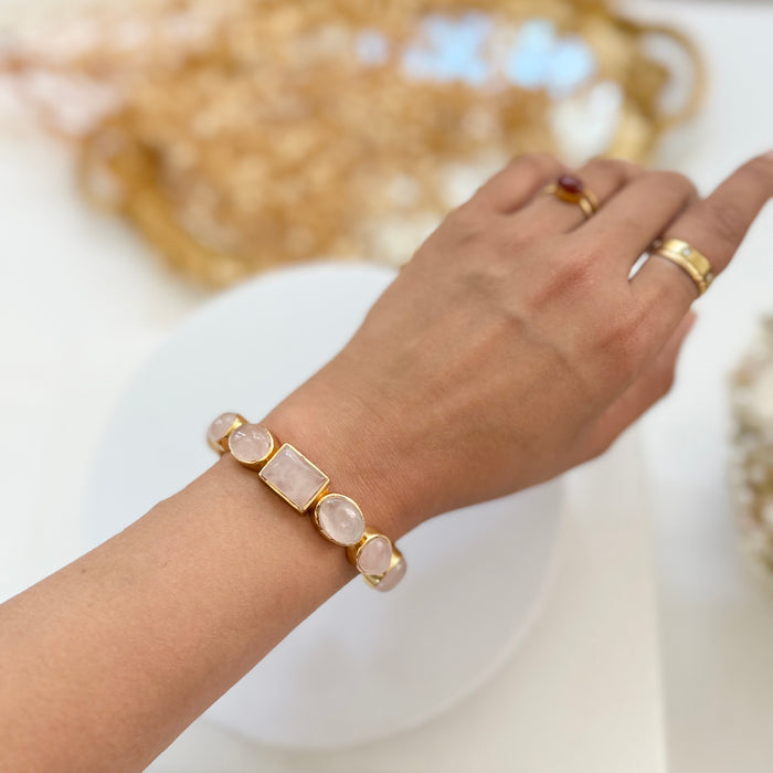Natural Rose Quartz Bracelet with Brass - Statement Jewelry
