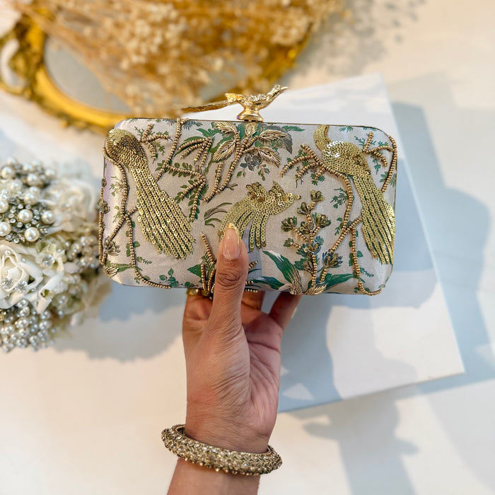 Sage Green Peacock Clutch | Hand-Embroidered Clutch With Bird Knob