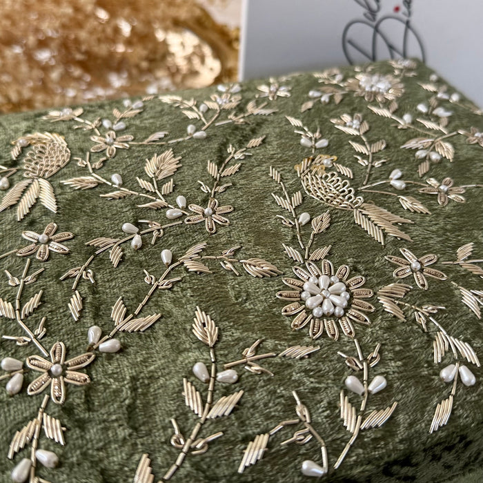 Olive Green Zardozi Work Trousseau Box - Bird Theme Keepsake Box