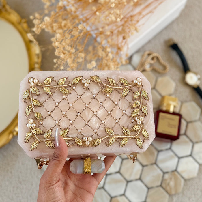Hand-Embroidered Bridal Clutch: Ivory & Gold Wedding Evening Bag