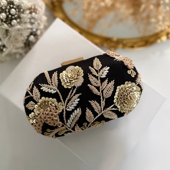 Black Floral Clutch Bag | Traditional Zardosi & Sequins Work Purse