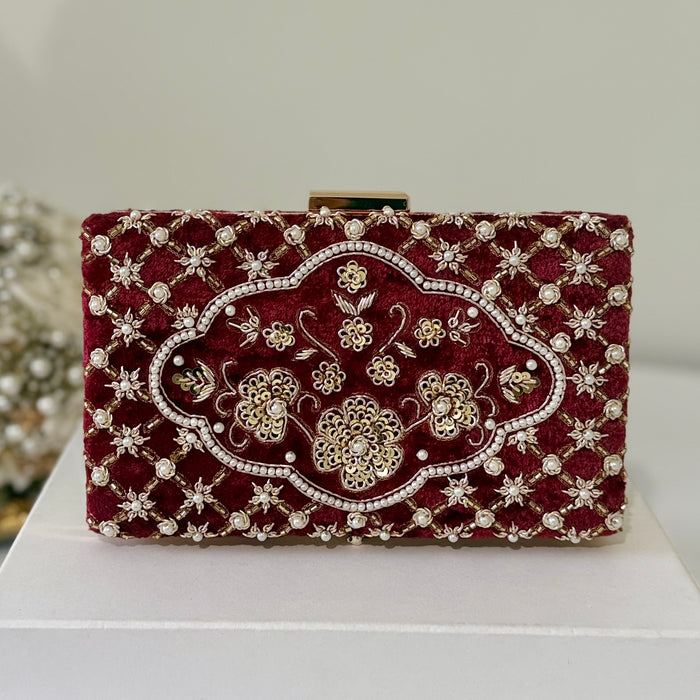 Maroon Velvet Clutch: Beaded Zardosi Indian Bridal Purse