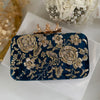 Royal blue clutch with gold floral embroidery